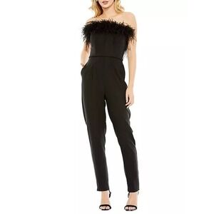 Mac Duggal Feathered Strapless Jumpsuit Back Zip Black Women's Size 12 NWT